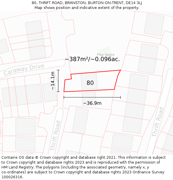 80, THRIFT ROAD, BRANSTON, BURTON-ON-TRENT, DE14 3LJ: Plot and title map
