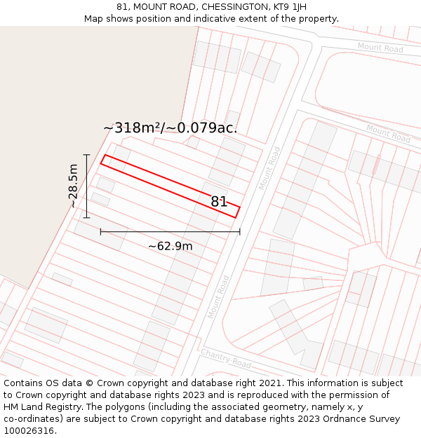 81, MOUNT ROAD, CHESSINGTON, KT9 1JH: Plot and title map