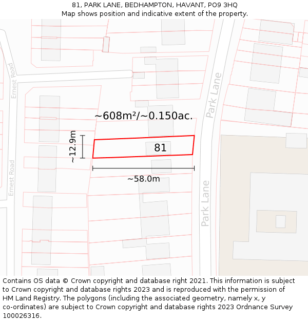 81, PARK LANE, BEDHAMPTON, HAVANT, PO9 3HQ: Plot and title map