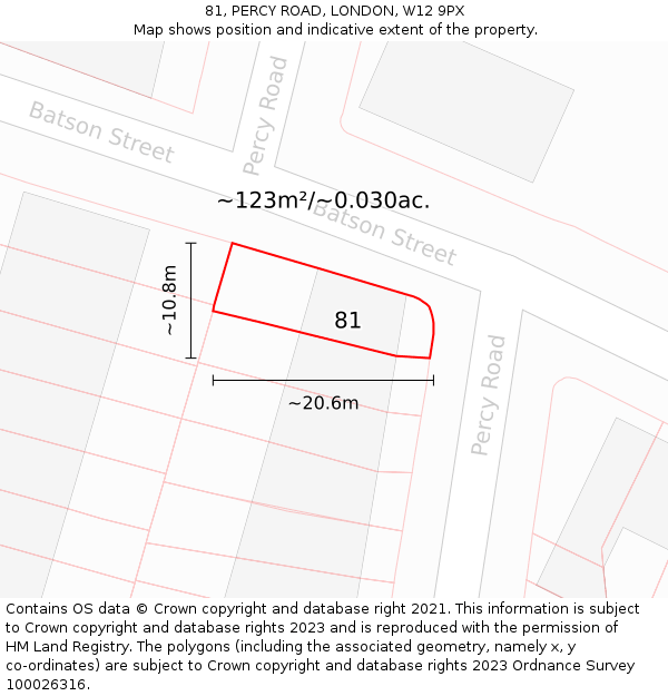 81, PERCY ROAD, LONDON, W12 9PX: Plot and title map