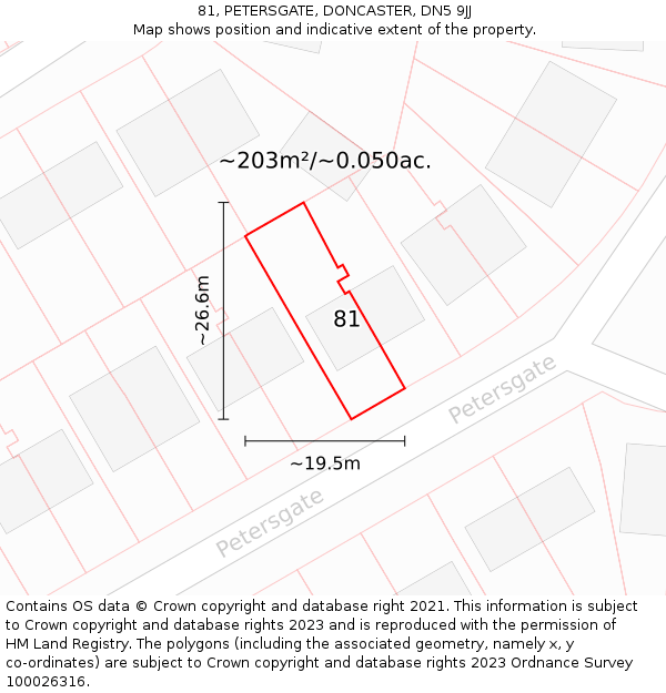 81, PETERSGATE, DONCASTER, DN5 9JJ: Plot and title map