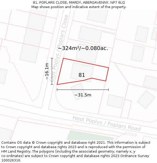 81, POPLARS CLOSE, MARDY, ABERGAVENNY, NP7 6LQ: Plot and title map