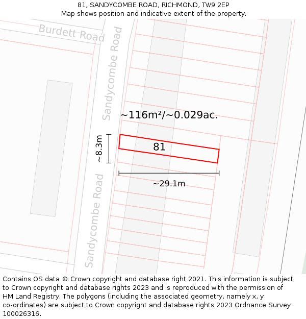 81, SANDYCOMBE ROAD, RICHMOND, TW9 2EP: Plot and title map