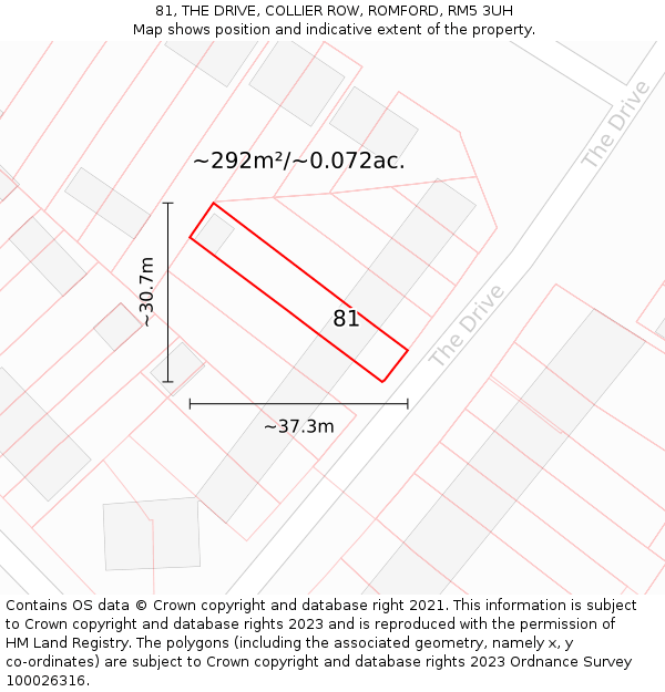 81, THE DRIVE, COLLIER ROW, ROMFORD, RM5 3UH: Plot and title map