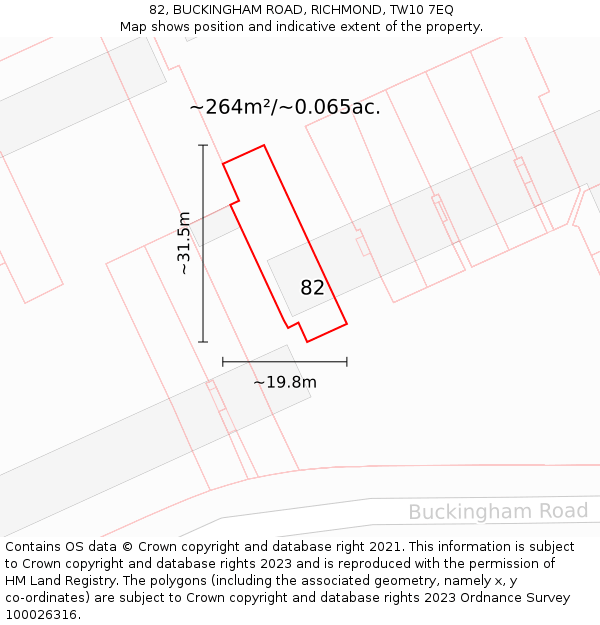 82, BUCKINGHAM ROAD, RICHMOND, TW10 7EQ: Plot and title map