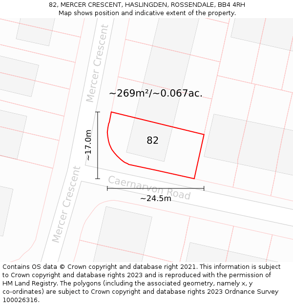 82, MERCER CRESCENT, HASLINGDEN, ROSSENDALE, BB4 4RH: Plot and title map