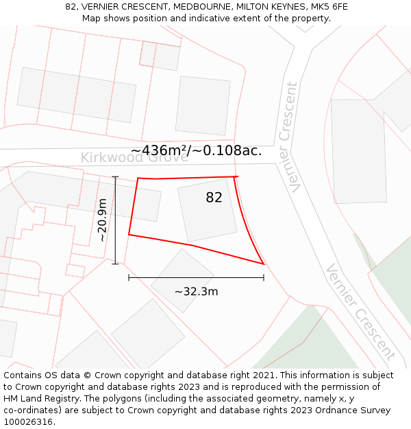 82, VERNIER CRESCENT, MEDBOURNE, MILTON KEYNES, MK5 6FE: Plot and title map