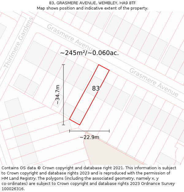 83, GRASMERE AVENUE, WEMBLEY, HA9 8TF: Plot and title map