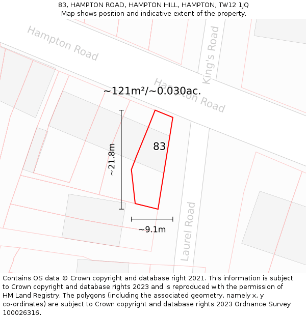 83, HAMPTON ROAD, HAMPTON HILL, HAMPTON, TW12 1JQ: Plot and title map