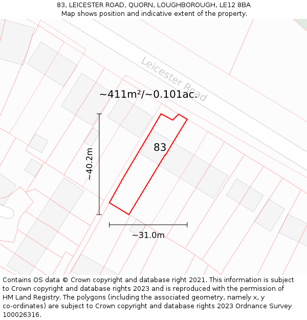 83, LEICESTER ROAD, QUORN, LOUGHBOROUGH, LE12 8BA: Plot and title map