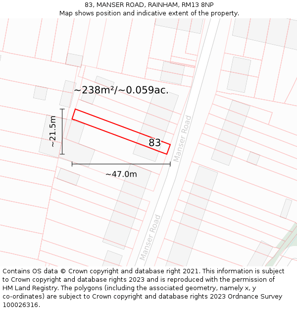 83, MANSER ROAD, RAINHAM, RM13 8NP: Plot and title map