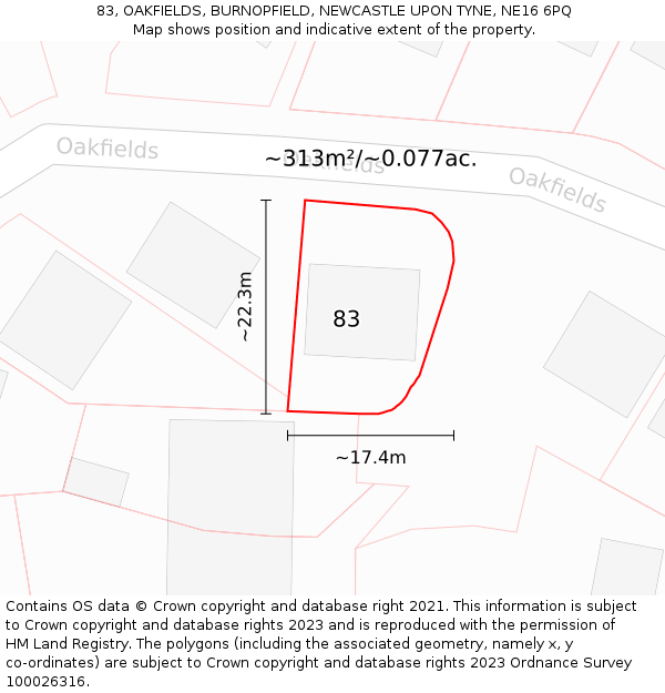 83, OAKFIELDS, BURNOPFIELD, NEWCASTLE UPON TYNE, NE16 6PQ: Plot and title map
