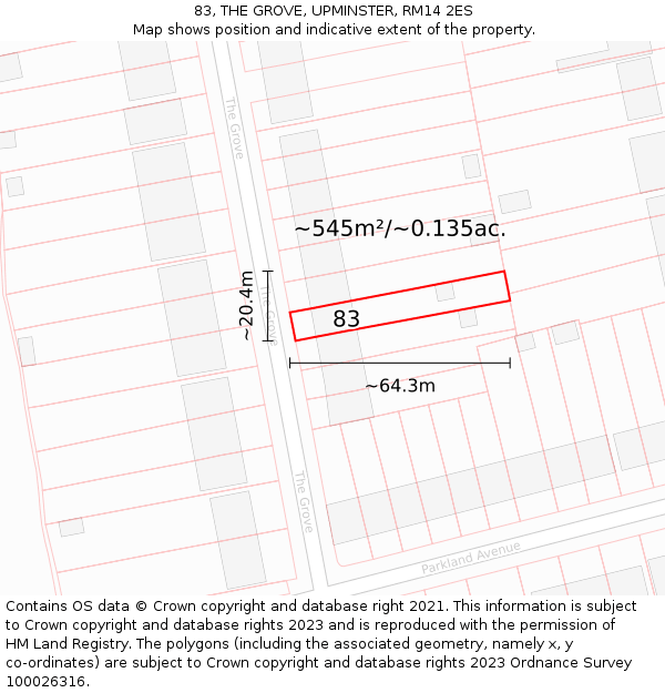 83, THE GROVE, UPMINSTER, RM14 2ES: Plot and title map