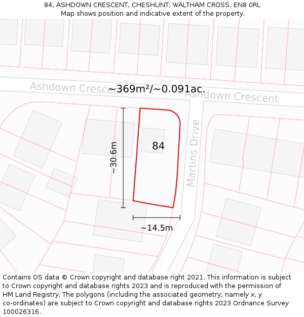 84, ASHDOWN CRESCENT, CHESHUNT, WALTHAM CROSS, EN8 0RL: Plot and title map