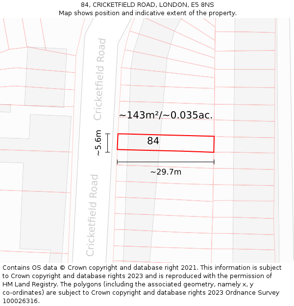 84, CRICKETFIELD ROAD, LONDON, E5 8NS: Plot and title map