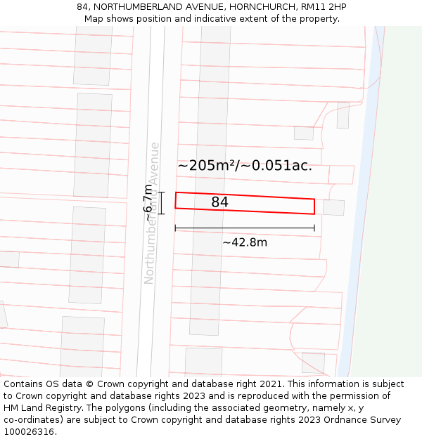 84, NORTHUMBERLAND AVENUE, HORNCHURCH, RM11 2HP: Plot and title map