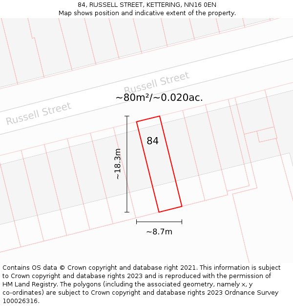 84, RUSSELL STREET, KETTERING, NN16 0EN: Plot and title map