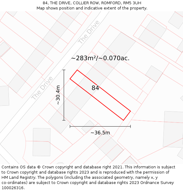 84, THE DRIVE, COLLIER ROW, ROMFORD, RM5 3UH: Plot and title map