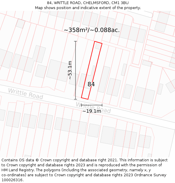 84, WRITTLE ROAD, CHELMSFORD, CM1 3BU: Plot and title map