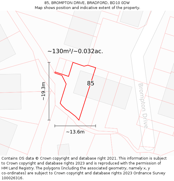 85, BROMPTON DRIVE, BRADFORD, BD10 0DW: Plot and title map