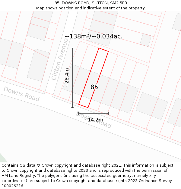 85, DOWNS ROAD, SUTTON, SM2 5PR: Plot and title map