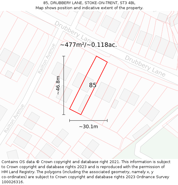 85, DRUBBERY LANE, STOKE-ON-TRENT, ST3 4BL: Plot and title map