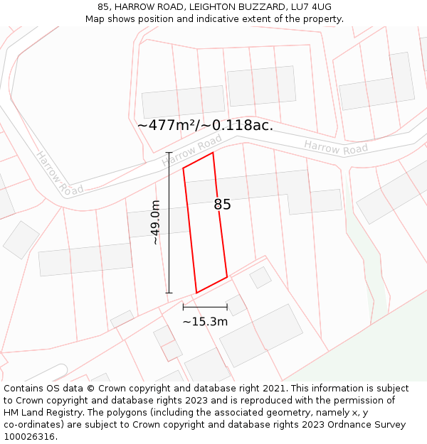 85, HARROW ROAD, LEIGHTON BUZZARD, LU7 4UG: Plot and title map