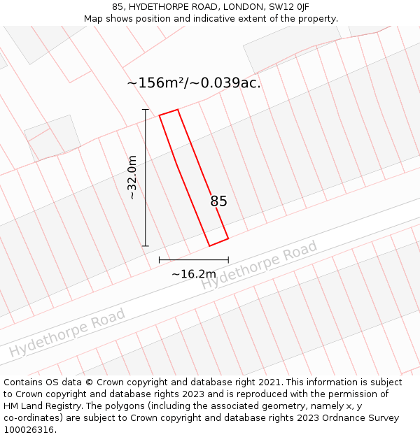 85, HYDETHORPE ROAD, LONDON, SW12 0JF: Plot and title map