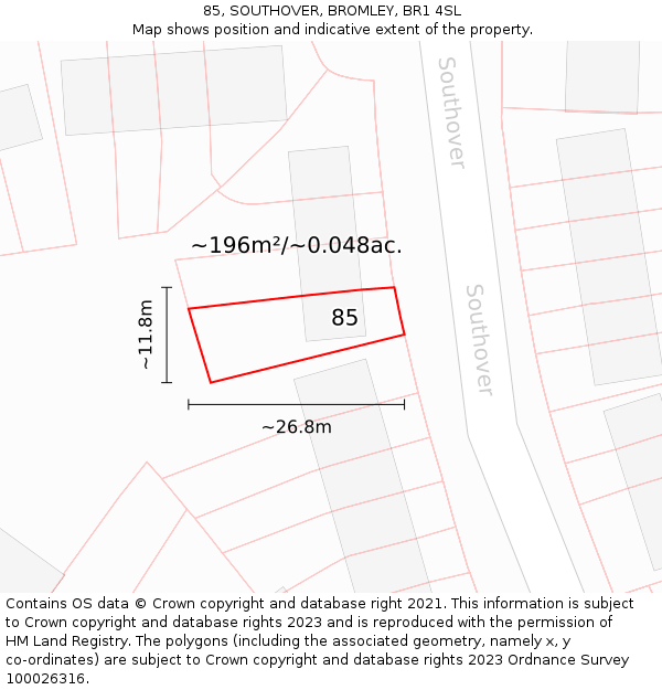 85, SOUTHOVER, BROMLEY, BR1 4SL: Plot and title map