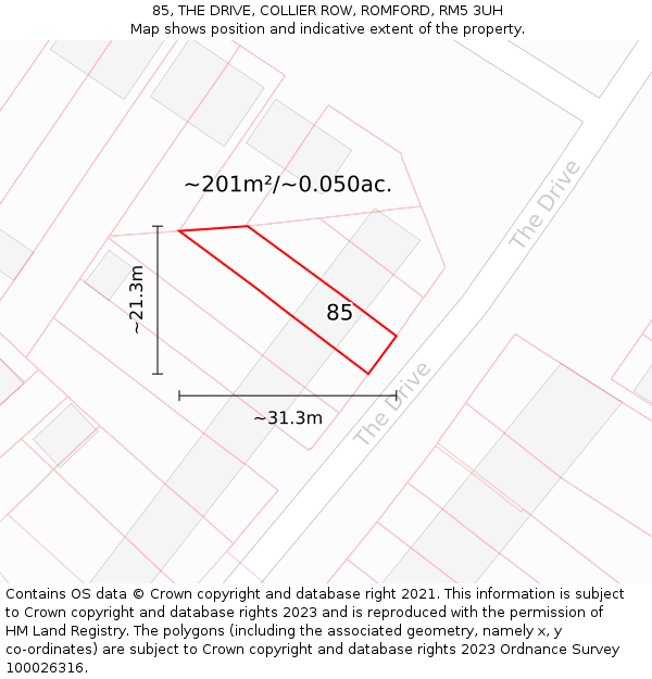 85, THE DRIVE, COLLIER ROW, ROMFORD, RM5 3UH: Plot and title map