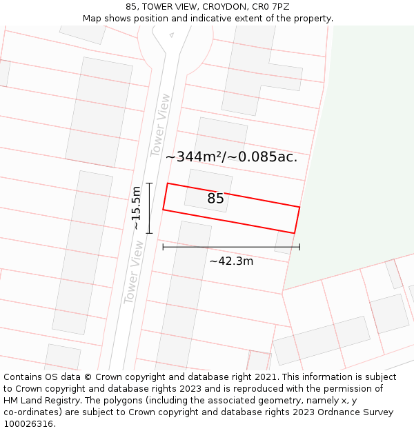 85, TOWER VIEW, CROYDON, CR0 7PZ: Plot and title map