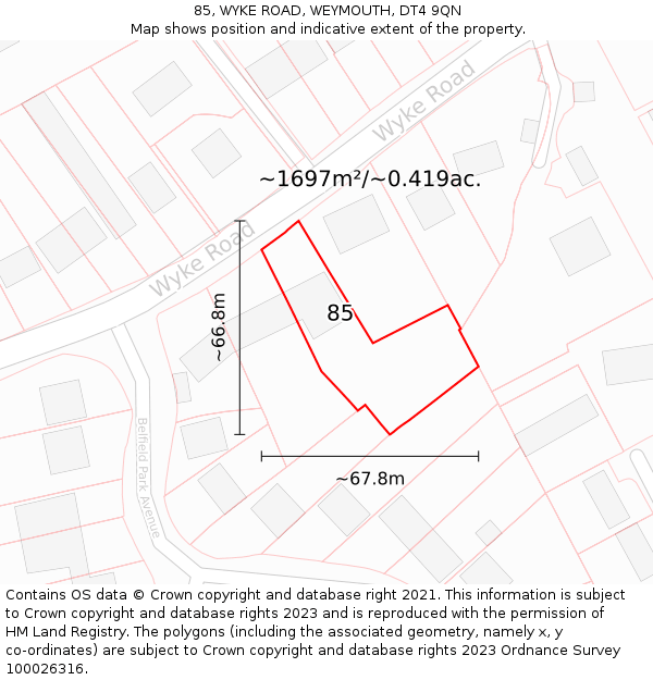 85, WYKE ROAD, WEYMOUTH, DT4 9QN: Plot and title map