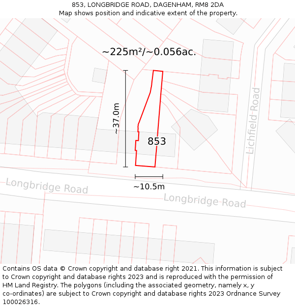 853, LONGBRIDGE ROAD, DAGENHAM, RM8 2DA: Plot and title map