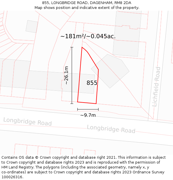 855, LONGBRIDGE ROAD, DAGENHAM, RM8 2DA: Plot and title map