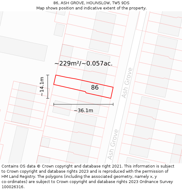 86, ASH GROVE, HOUNSLOW, TW5 9DS: Plot and title map