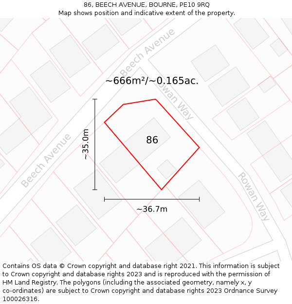 86, BEECH AVENUE, BOURNE, PE10 9RQ: Plot and title map