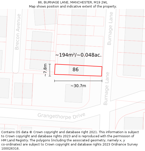 86, BURNAGE LANE, MANCHESTER, M19 2WL: Plot and title map