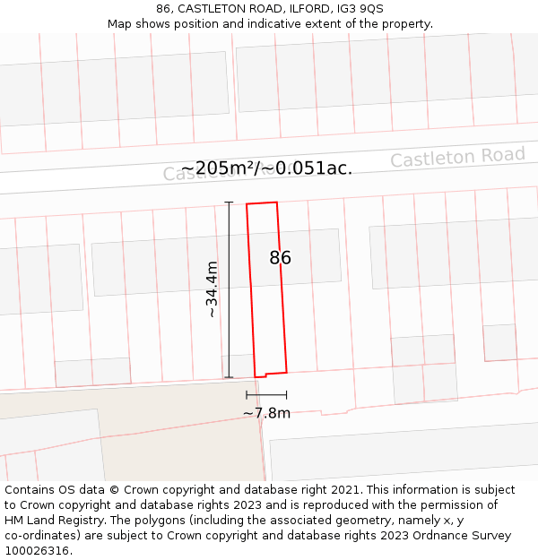 86, CASTLETON ROAD, ILFORD, IG3 9QS: Plot and title map
