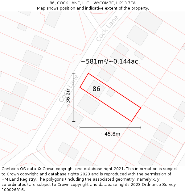 86, COCK LANE, HIGH WYCOMBE, HP13 7EA: Plot and title map
