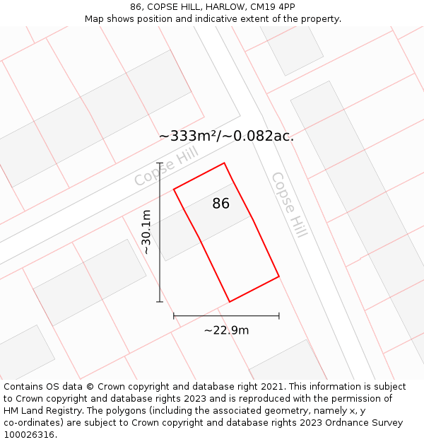 86, COPSE HILL, HARLOW, CM19 4PP: Plot and title map