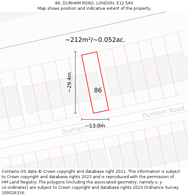 86, DURHAM ROAD, LONDON, E12 5AX: Plot and title map