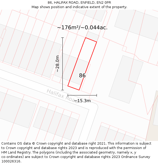 86, HALIFAX ROAD, ENFIELD, EN2 0PR: Plot and title map