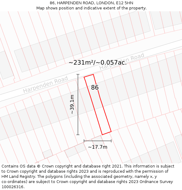 86, HARPENDEN ROAD, LONDON, E12 5HN: Plot and title map