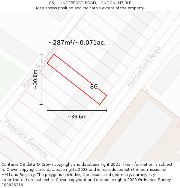 86, HUNGERFORD ROAD, LONDON, N7 9LP: Plot and title map