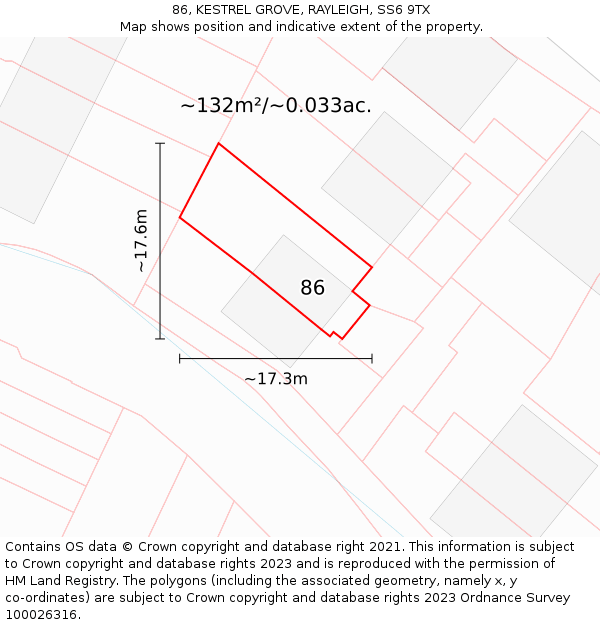 86, KESTREL GROVE, RAYLEIGH, SS6 9TX: Plot and title map
