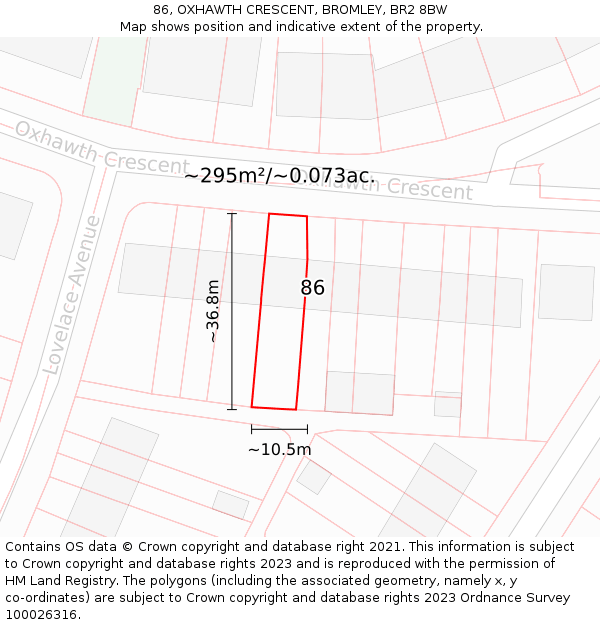 86, OXHAWTH CRESCENT, BROMLEY, BR2 8BW: Plot and title map