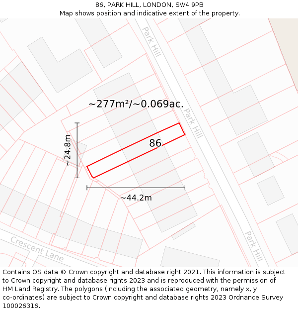 86, PARK HILL, LONDON, SW4 9PB: Plot and title map