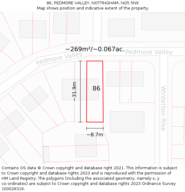 86, PEDMORE VALLEY, NOTTINGHAM, NG5 5NX: Plot and title map
