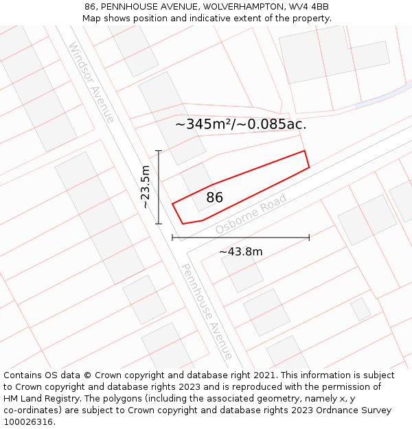 86, PENNHOUSE AVENUE, WOLVERHAMPTON, WV4 4BB: Plot and title map