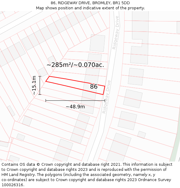 86, RIDGEWAY DRIVE, BROMLEY, BR1 5DD: Plot and title map